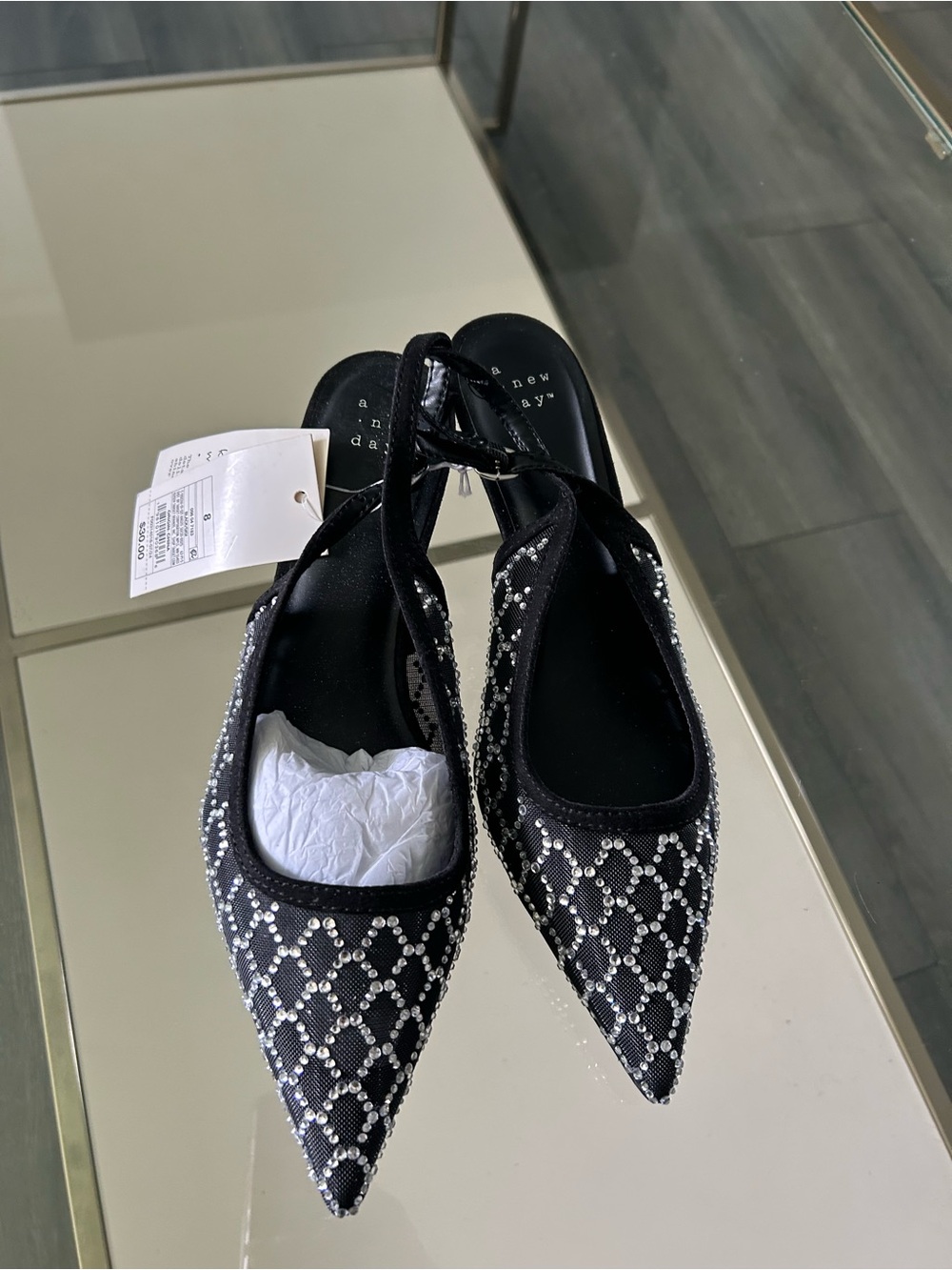 a new day Black Pointed Slingback Flats with Crystal Lattice